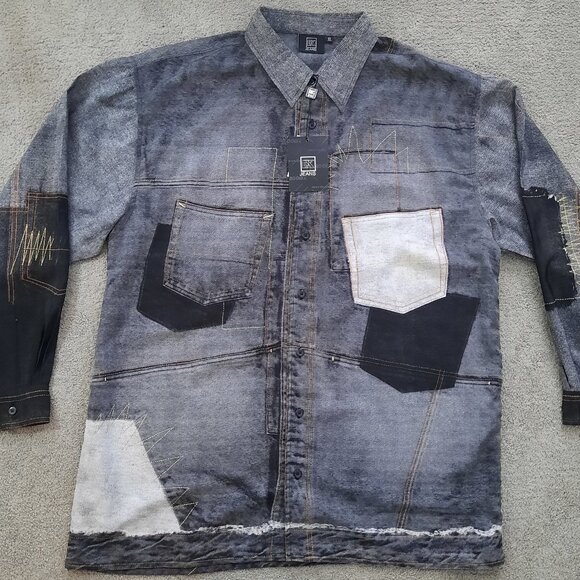 NEW Brooklyn BX Faux Denim Patchwork Long Sleeve Shirt Men's XL Button Down - Picture 1 of 8